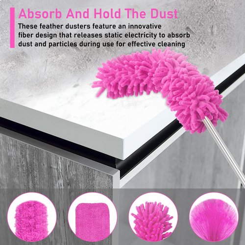 ThinkLearn Microfiber Dusters for Cleaning,14PCS Feather Dusters with Extension Pole,Bendable Washable and Extendable Duster for High Ceilings, Fans and Blinds House Cleaning Kit Pink Gift for Women