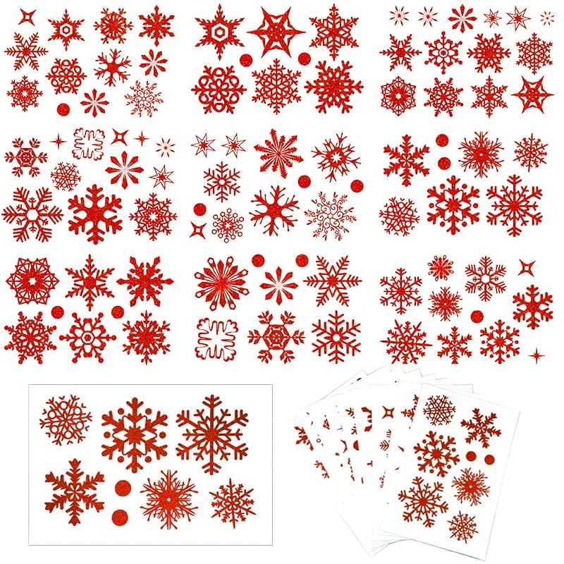 Glitter Red Snowflake Window Clings - 9 Sheets Electrostatic PVC Xmas Decor