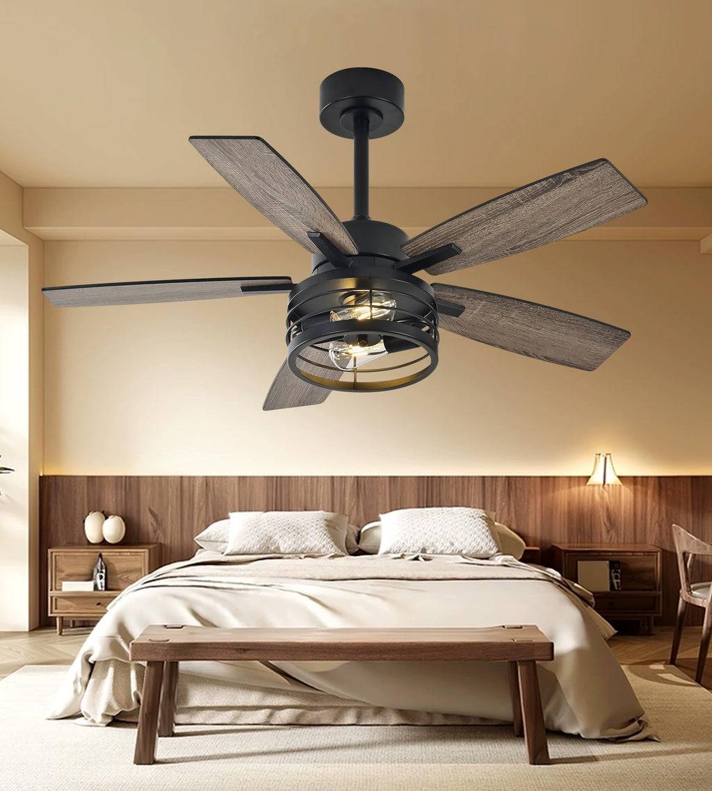 TAVZAKE 42 inch Ceiling Fans with Lights, Low Profile Ceiling Fan with Remote Control, 6 Speeds DC Reversible, 5 Blades, Classic Ceiling Fans for Living Room and Garage