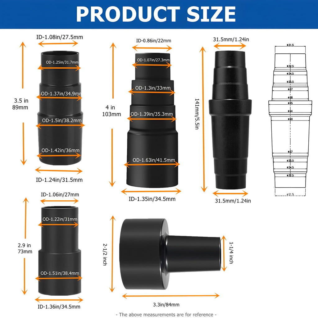 5 Pcs Universal Vacuum Hose Adapter Reducer Attachment Kit for Dry Wet Shop Vacs -Converts 1 1/2 to 1 1/4 inch, 1 3/8 inch to 1 1/4 inch Vacuum Adapter