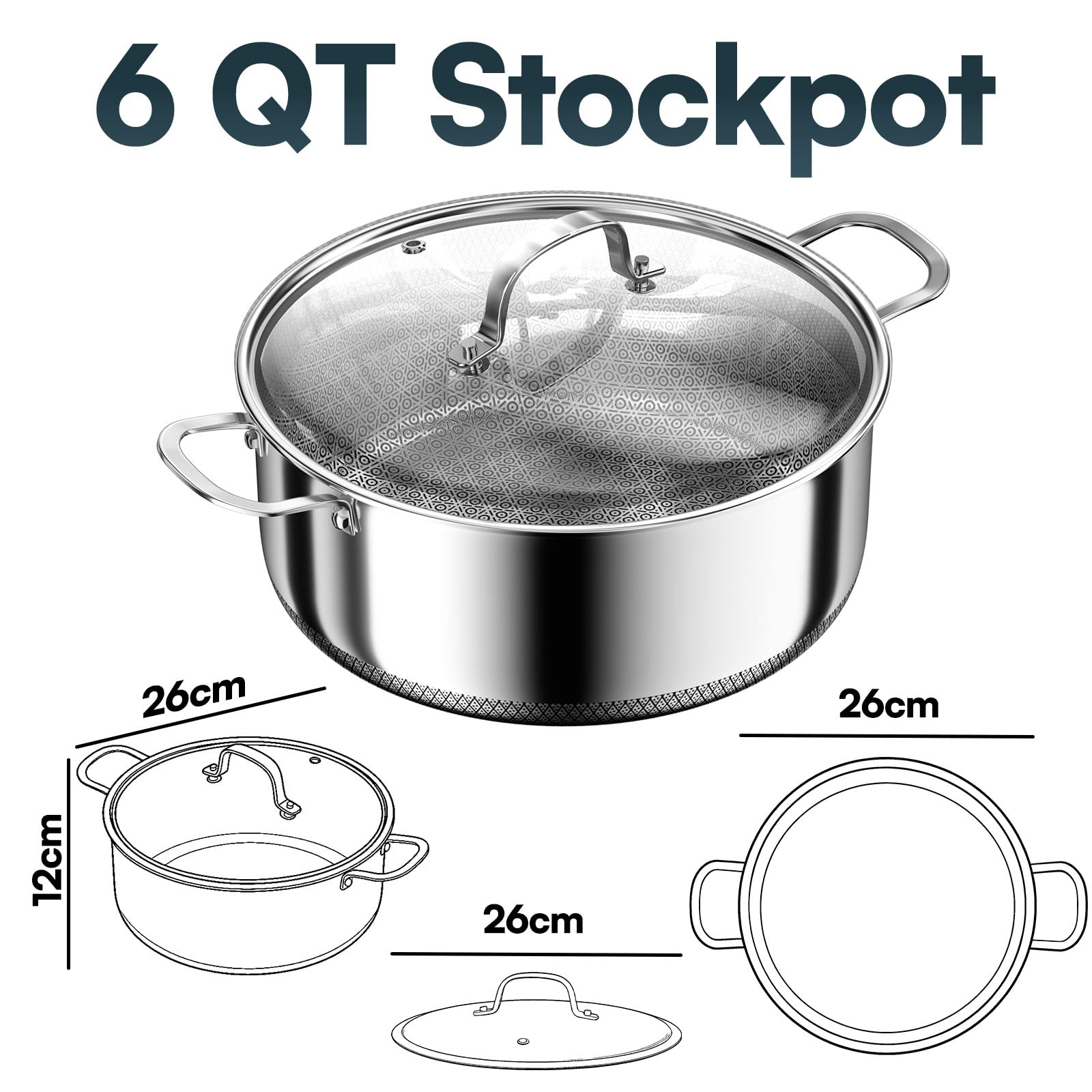 6 QT Stainless Steel Stock Pot with Lid, 10-inch Sauce Pan Induction Cookware, PFOA Free 5-Ply Simmer Pot with Non Stick Coating, Dual Ear Handles Cooking Pot Oven & Dishwasher Safe Easy to Clean