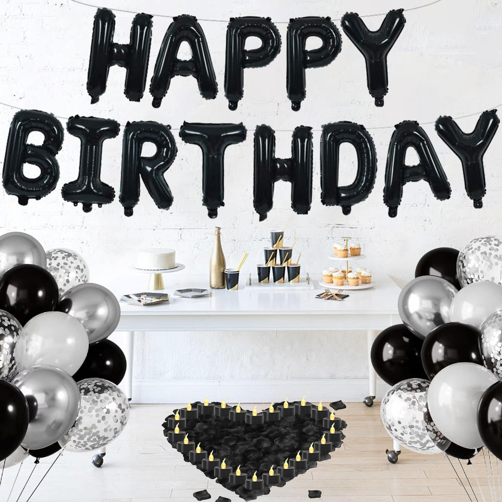 Birthday Decorations for Men - Black and Silver Birthday Decorations Include Letter Balloon Banner & Balloons & 1000 PCS Rose Petals & 24 Pack LED Tealight Candle, Black and Silver Party Supplies