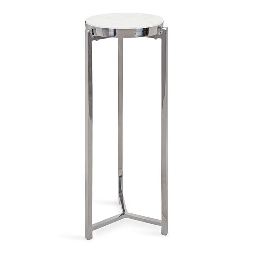 Kate and Laurel Aguilar Glam Round Drink Table, 8 x 8 x 23, Silver and White, Small Accent Table for Use as Plant Pedestal Stand with Marble Tabletop