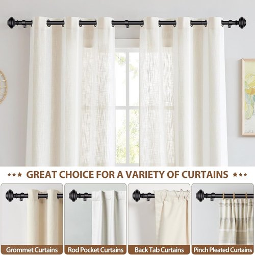 KAMANINA Heavy Duty Black Curtain Rods - Adjustable 72 to 144 Inches | Modern Decorative Drapery Set