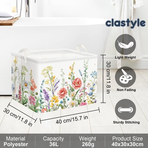 Clastyle 36L Wild Flower Plants Girls Storage Basket Spring Garden Daisy Rose Clothes Toy Nursery Bin Collapsible Rectangle Book Shelf Basket for Kids Room