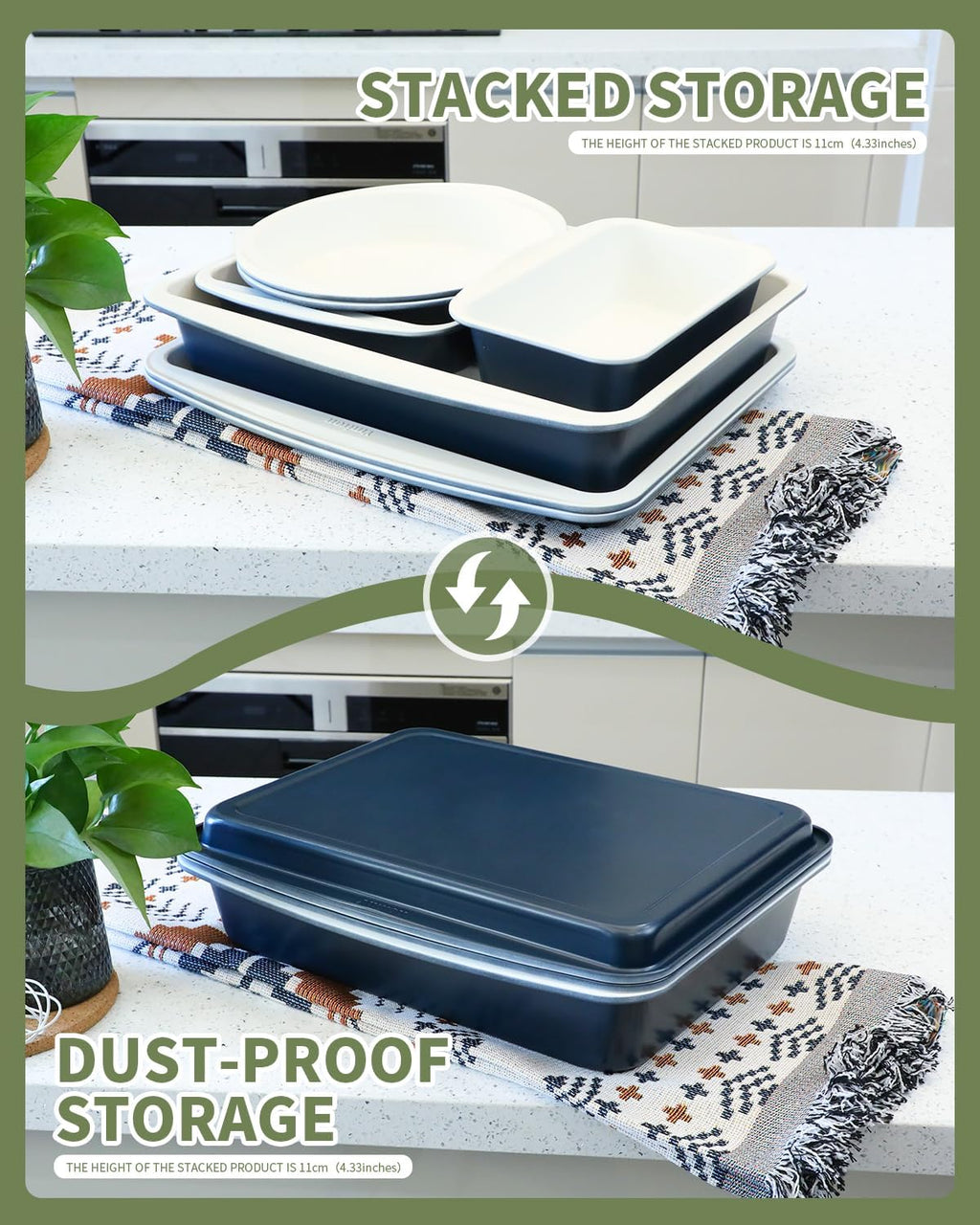 Skiennix Ceramic Nonstick Baking Pans Set - 30 PCS Stackable Bakeware, 550°F Oven Safe, Dishwasher Safe (Blue)