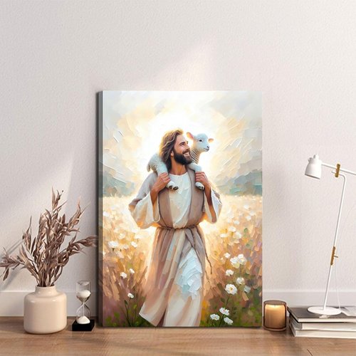 GKQNMU Jesus Carrying The Lamb Canvas Wall Art - Christ The Good Shepherd Decor for Living Room | Ready to Hang