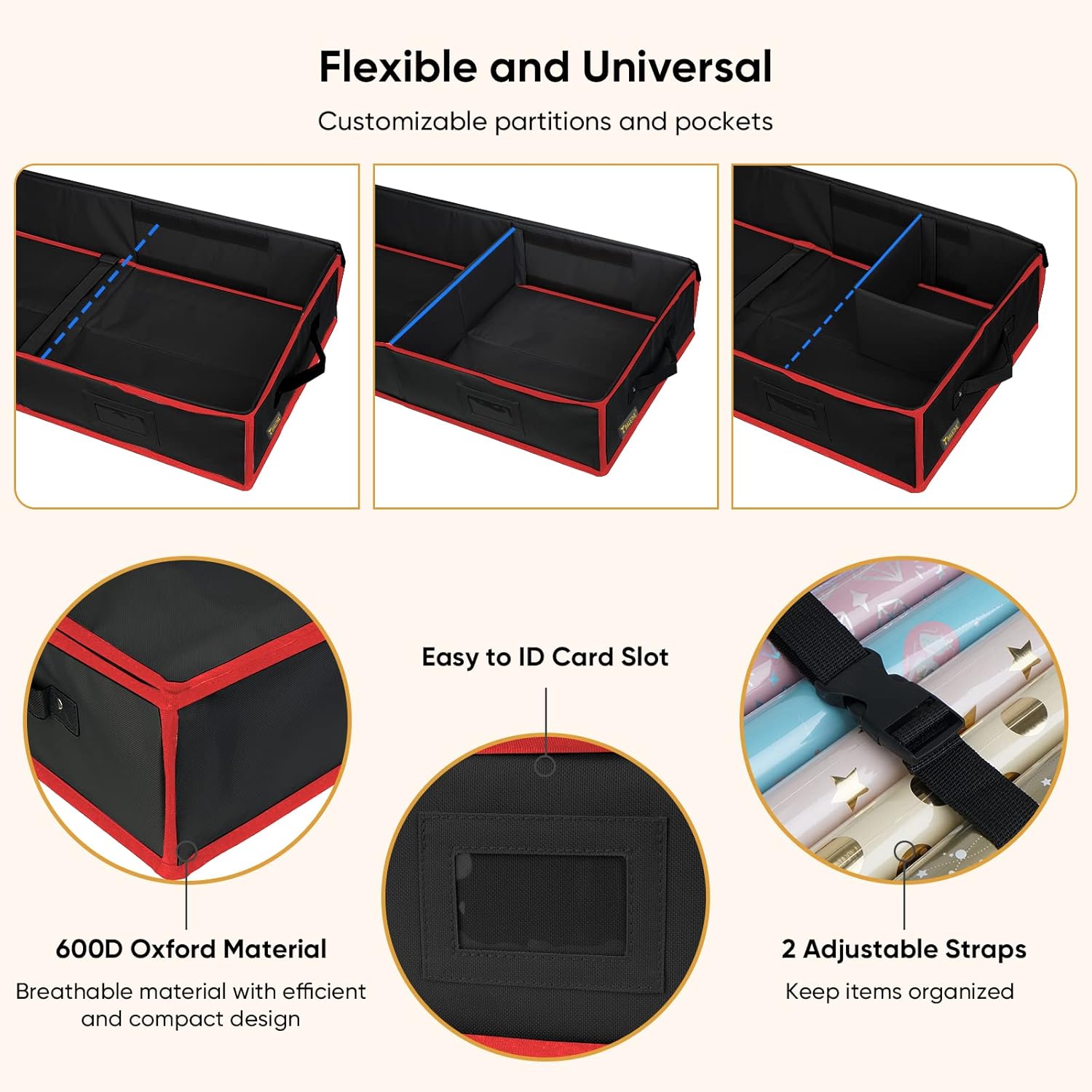 BALEINE Gift Wrap Storage Organizer - 40" Durable 600D Oxford Fabric Bag with Flexible Partitions | Black/Red