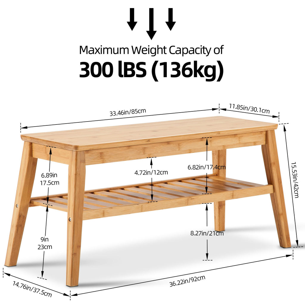 Nnewvante Bamboo Entryway Bench, 33.46" Indoor Storage Bench, Small Wood Benches for Living Room, Bedroom, Dining Room, Hallway, Outdoor Wooden Bench, Holds up to 300lbs