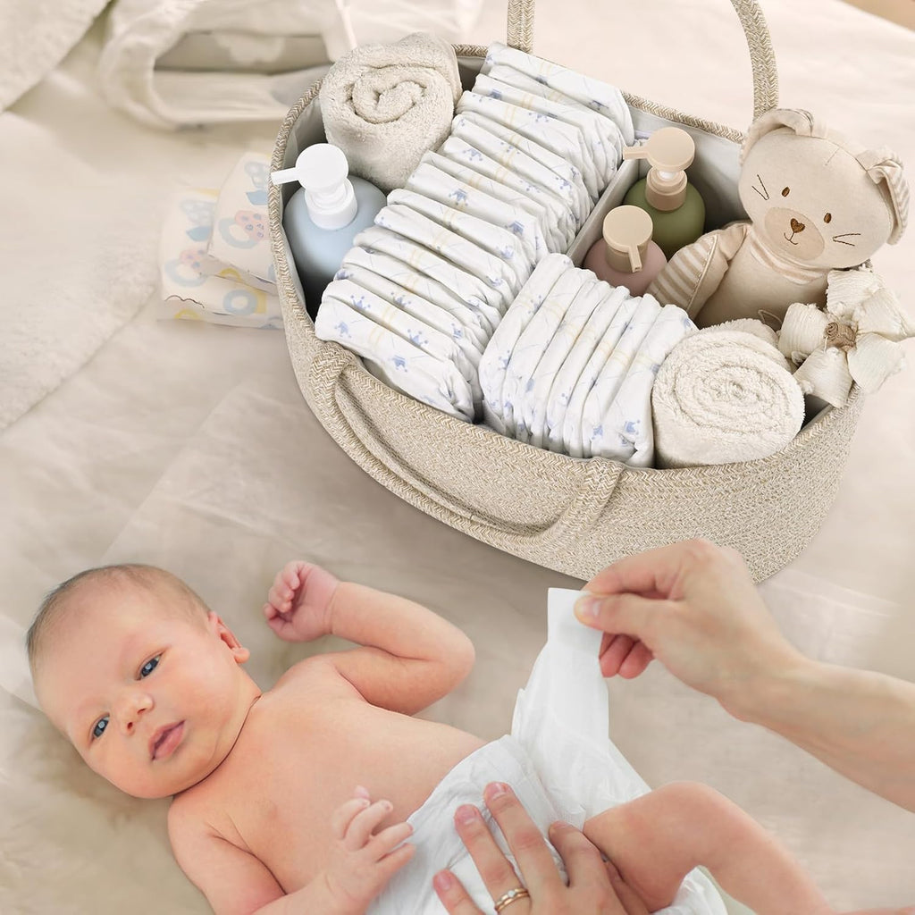Skiennix Baby Diaper Caddy Organizer - 19L Cotton Rope Storage Basket with Removable Divider | Ideal for Nursery & Car