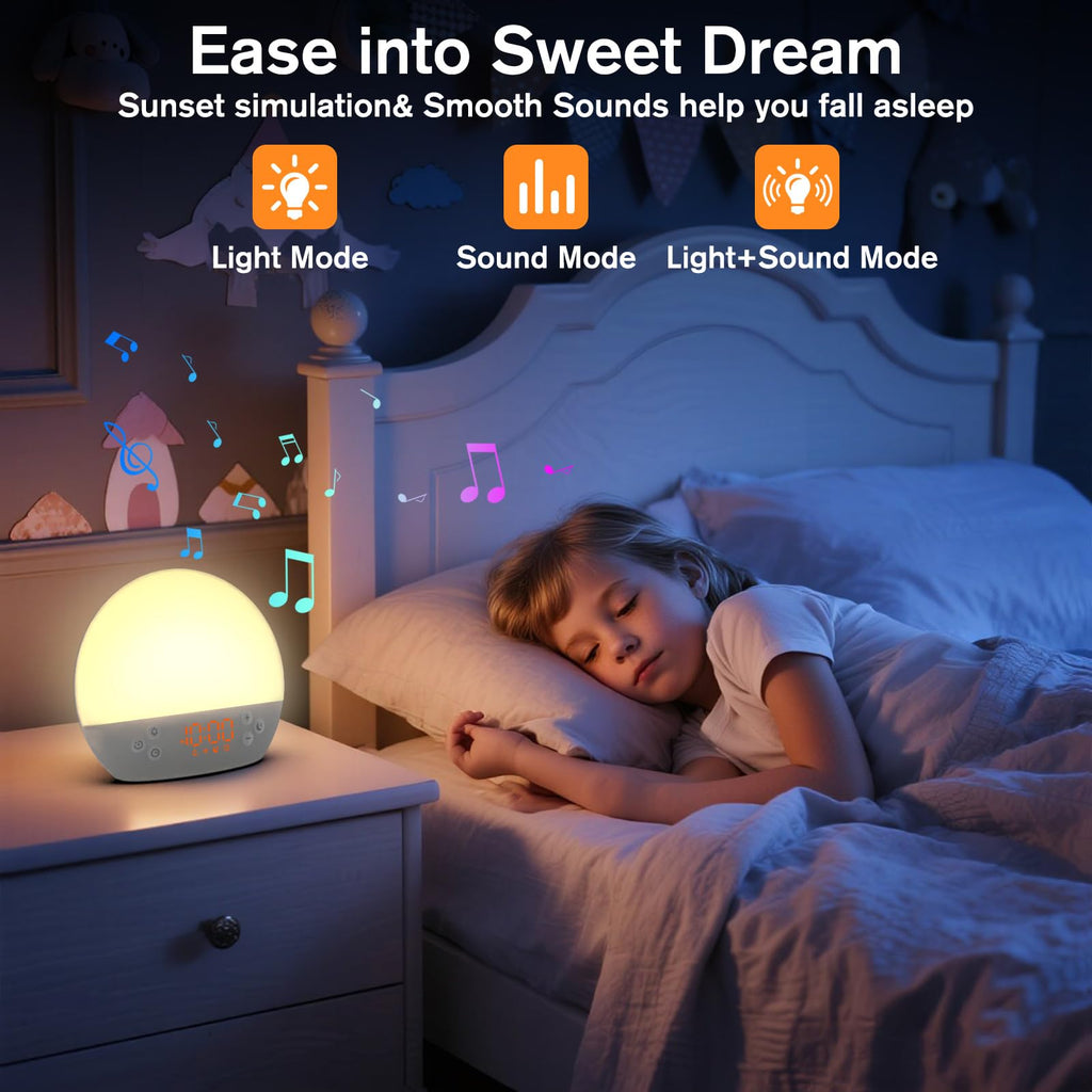 Wake up Light Sunrise Alarm Clock, Digital Alarm Clock Bedside Dimmable Night Light, White Noise Sound Machine 30 Soothing Sounds, Loud Alarm Clock for Heavy Sleepers Adults Kids, Ideal for Gift