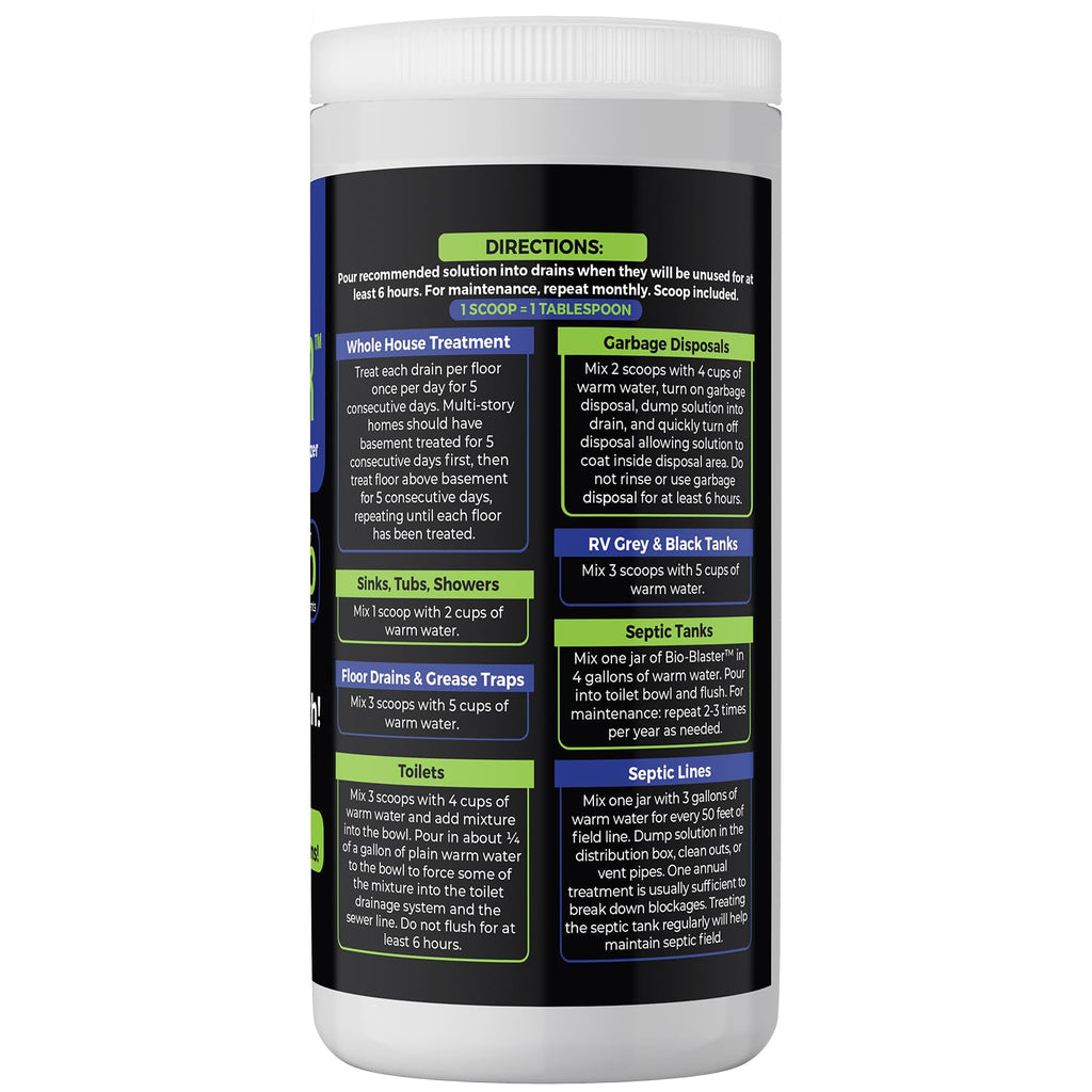 Enzyme Drain and Septic Cleaner and Friendly Bacteria Booster. Extra Large 2 lb. Deodorizes and Unclogs Pipes - Septic Tanks - RV Tanks-and More. No Caustic Chemicals! Dissolves Fats, Oil, and Grease.