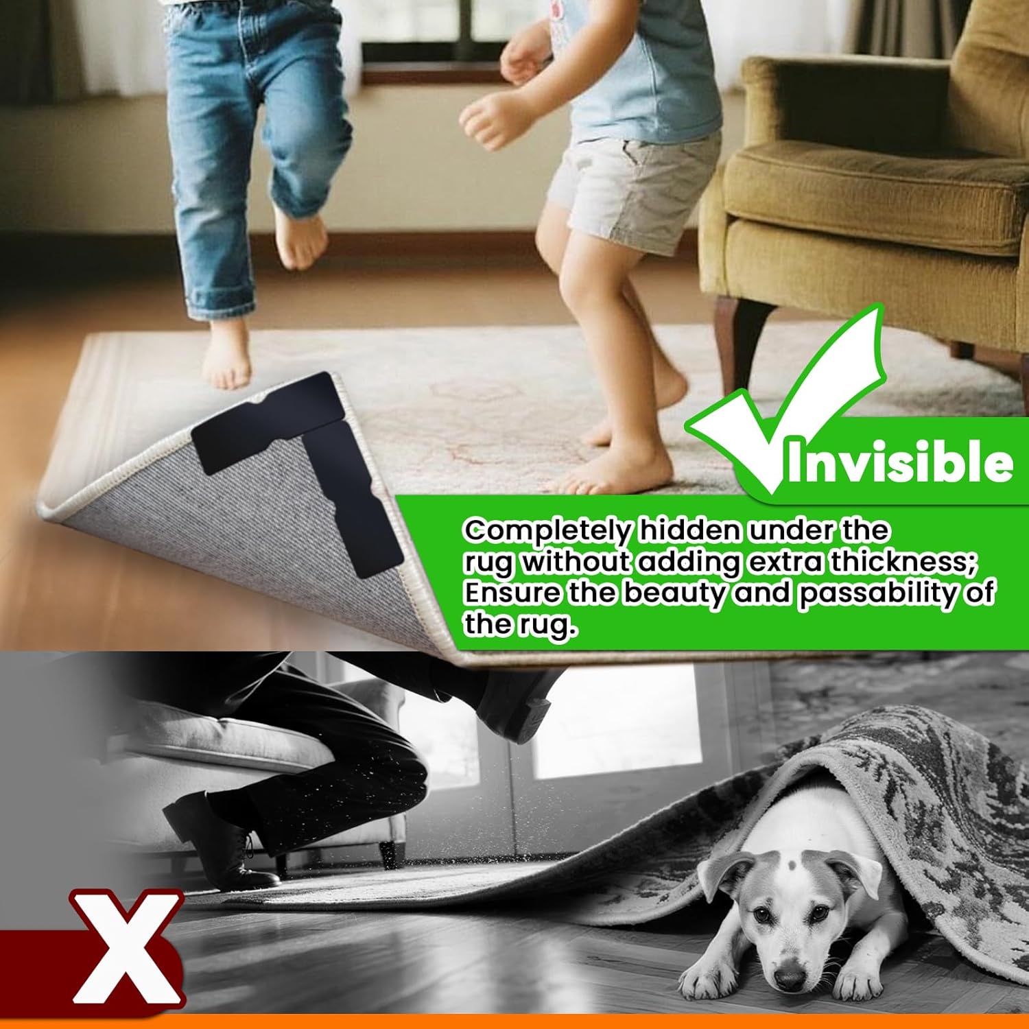 Skiennix Non-Slip Rug Grippers - Reusable Carpet Tape Pads for Hardwood & Tile Floors (12 Pack)