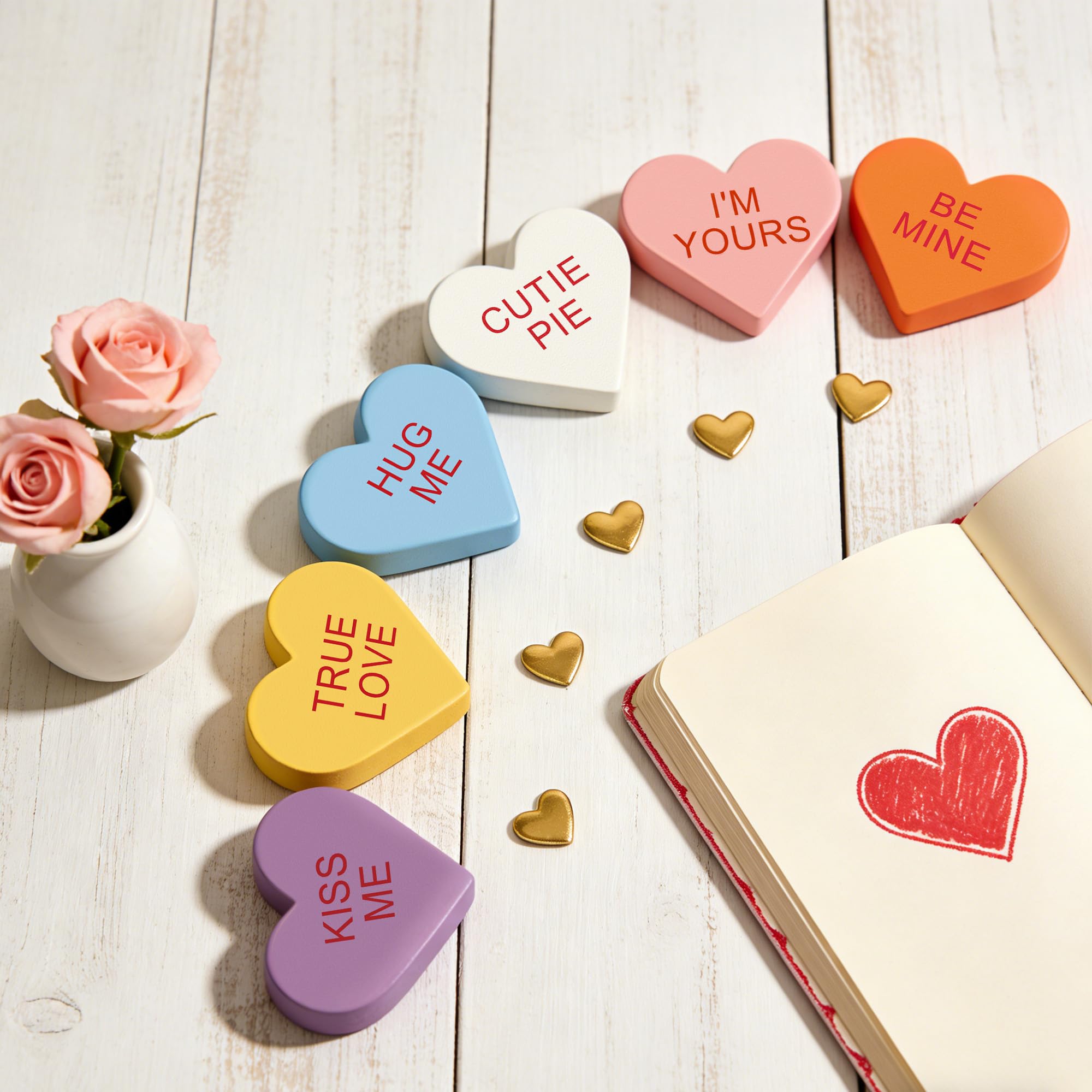 6 Pack Wooden Conversation Hearts Decor - Valentine Mantel Decor,Heart Signs for Home Shelf, Tiered Tray, Fireplace & Office Decorations