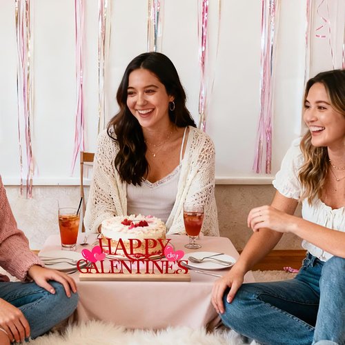 Cinnvoice Happy Galentine's Day Decorations Meta Happy Galentines Letter Table Sign Farmhouse Friendship Valentine Tabletop Decorations with Wooden Base for Holiday Mantel Home Party Supplies
