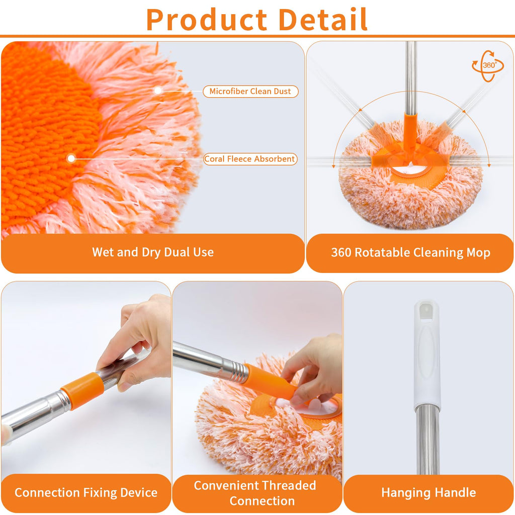 360 Rotatable Adjustable Wall Mop with 5 Mop Heads, 78 Inch Wall Cleaner for Floor, Ceiling & Baseboard