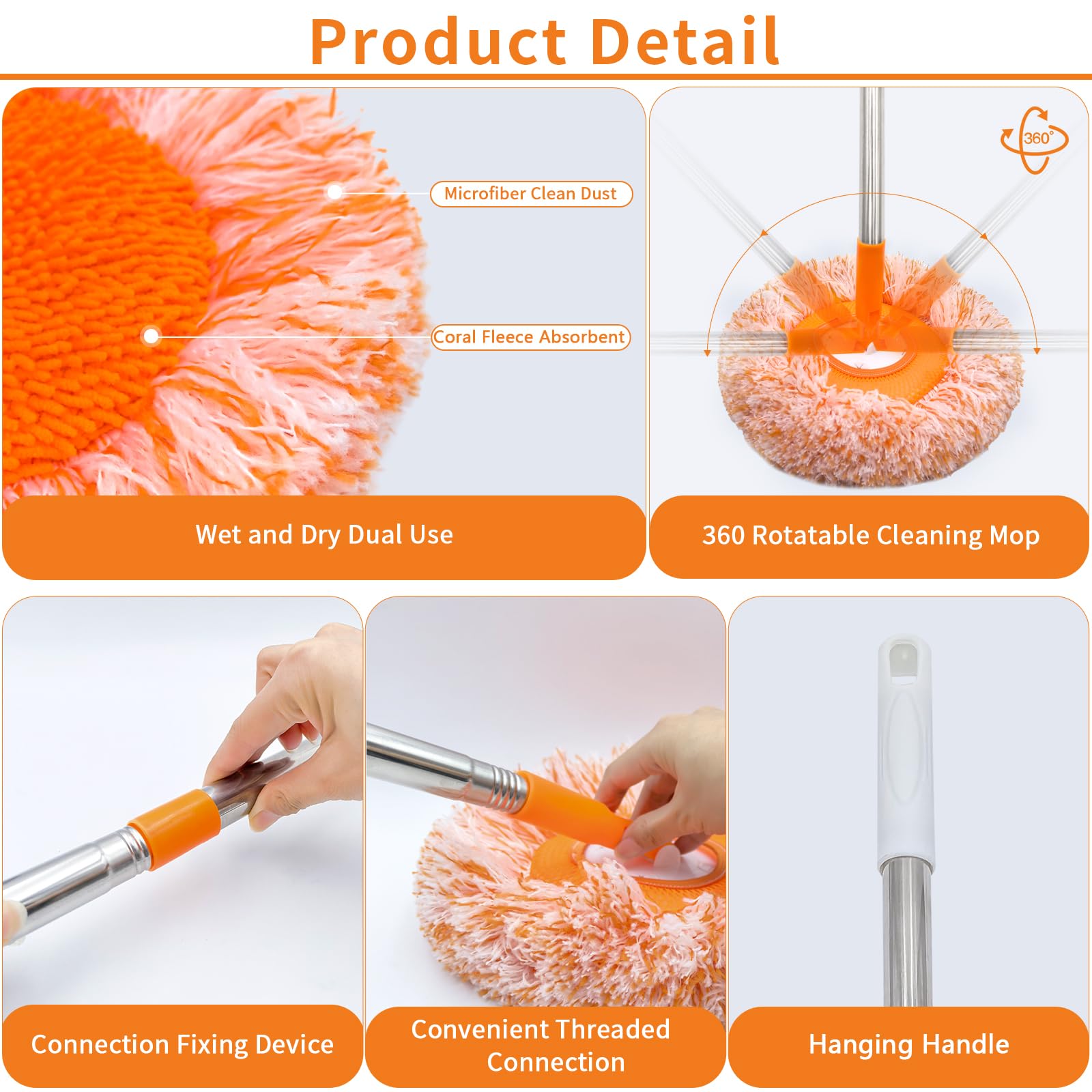 360 Rotatable Adjustable Wall Mop with 5 Mop Heads, 78 Inch Wall Cleaner for Floor, Ceiling & Baseboard