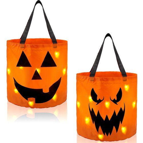 JOYIN 2 PCS Halloween Trick or Treat Bags 10 x 11.8 inches LED Light Orange Pumpkin Buckets Reusable Goody Candy Bucket for Kids Trick or Treating, Halloween Birthday Party Favor Supplies