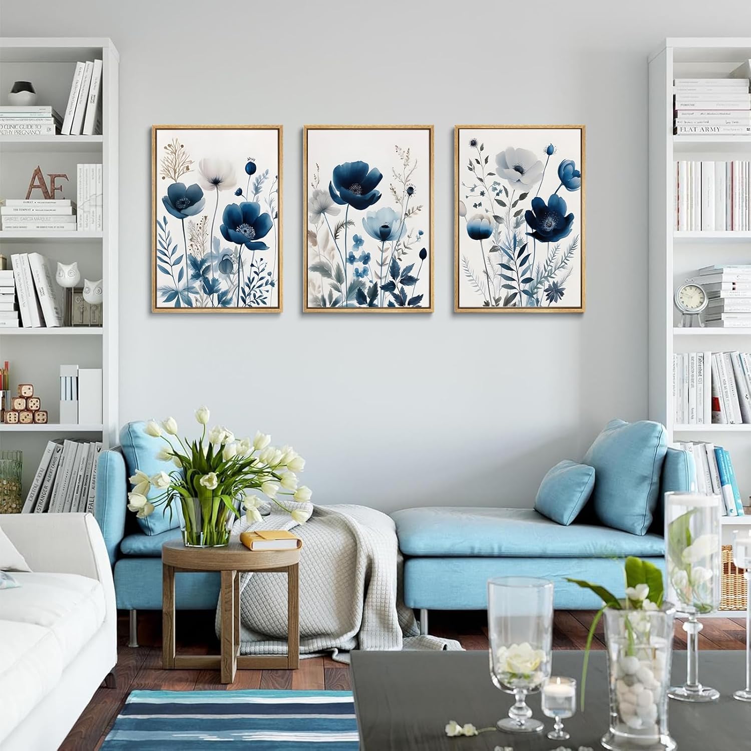 Skiennix 3-Piece Flower Canvas Wall Art - Navy Blue Wildflower Watercolor Prints | Unframed 12x16in Decor