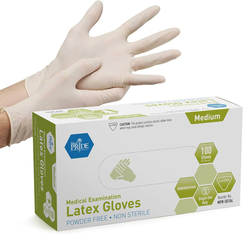 MedPride Powder-Free Latex Exam Gloves - Medium Size, 100 Count Box for Superior Protection