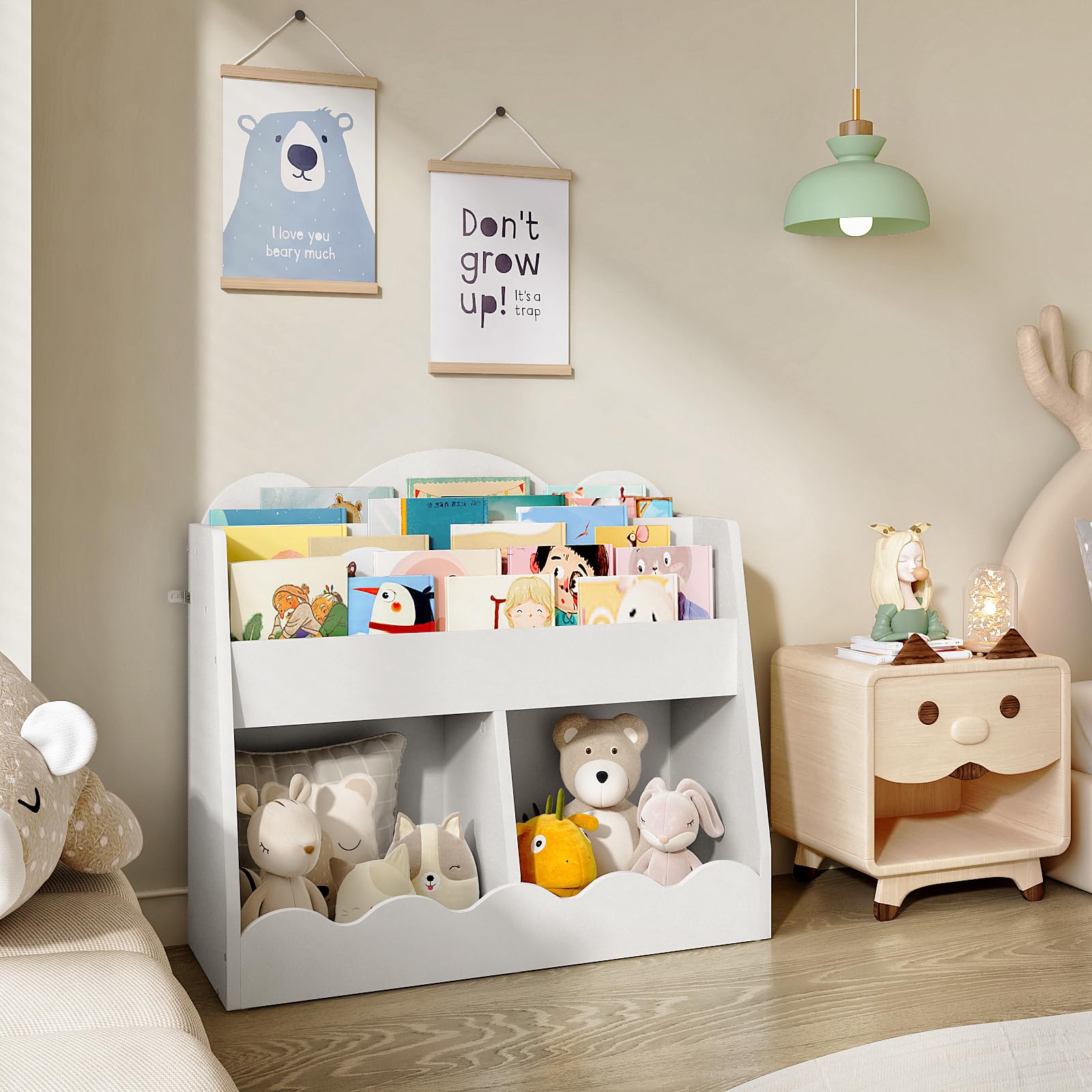 CHOEZON Kids Bookshelf and Toy Storage, Children's Bookcase with 2 Toy Cubes, Toddler Book Shelf for Kids Room, Wooden Book Organizer, for Playroom, Nursery, Living Room, White MCW15WB