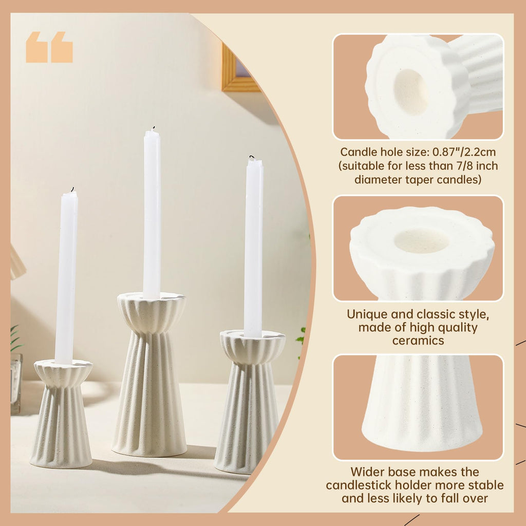 Honeydak Set of 3 Ceramic Taper Candle Holder Cream White Candlestick Holder Fluted Candle Stick Stand Boho Nordic Modern Decorative Table Centerpiece Wedding Home Dinner Party Housewarming Gift
