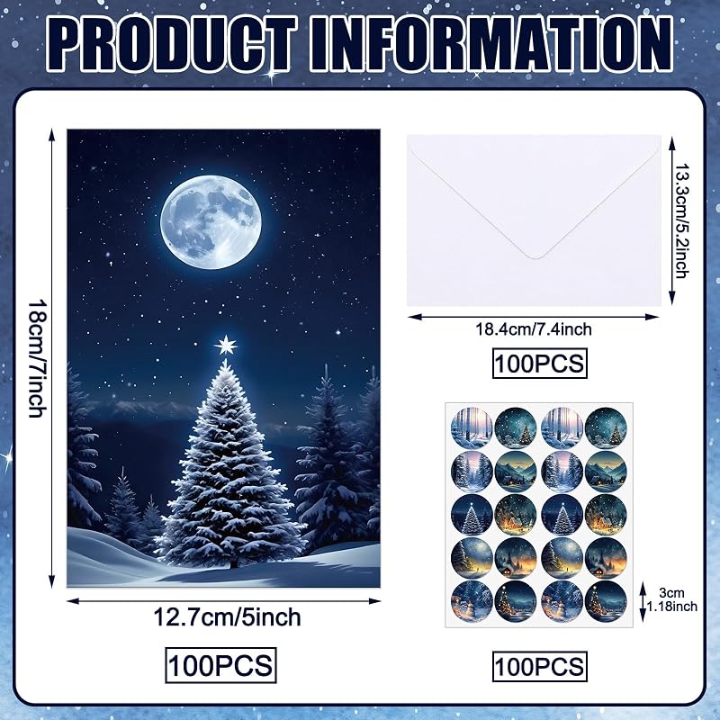 100 Sets Christmas Cards with Envelopes, Stickers, Winter Forest