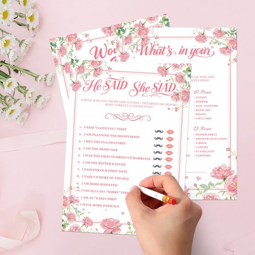 GAMSUNSTAR Bridal Shower Games-Heavy Cardstock,5 Fun Activities for 32 Guests, Includes Bingo,He Said She Said, Would She Rather,Whats in Your Purse,Advice and Wishes for The Mr and Mrs(Floral)