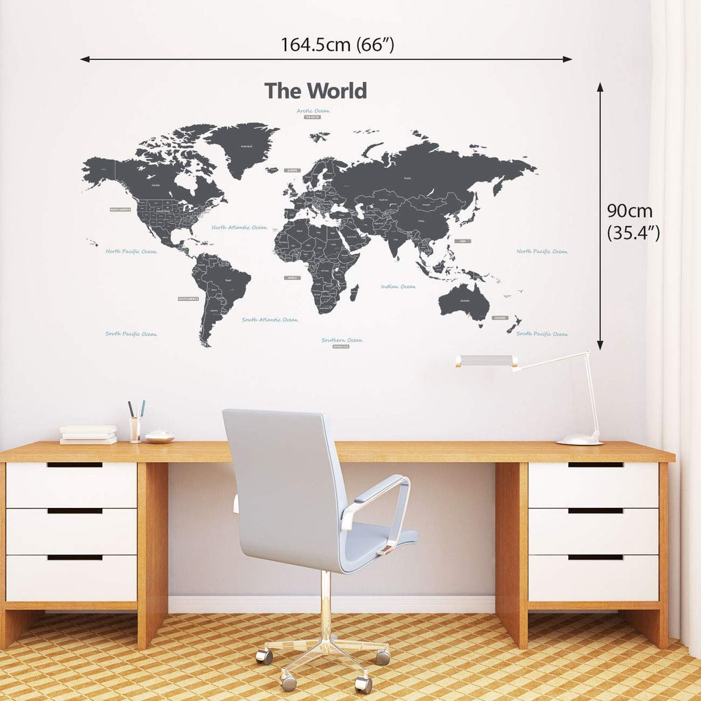 DECOWALL DLT-1609G Modern Grey World Map Kids Wall Decals Wall Stickers Peel and Stick Removable Wall Stickers for Kids Nursery Bedroom Living Room (XLarge)