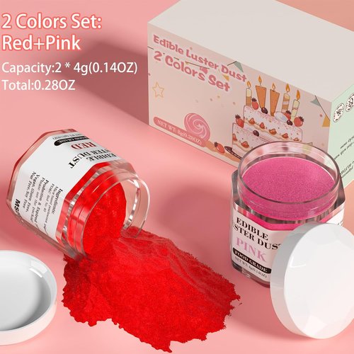 Cherrysea Luster Dust Edible Set - Food Grade Shimmer Powder for Cakes & Cocktails | 4g Bottles - Red & Pink