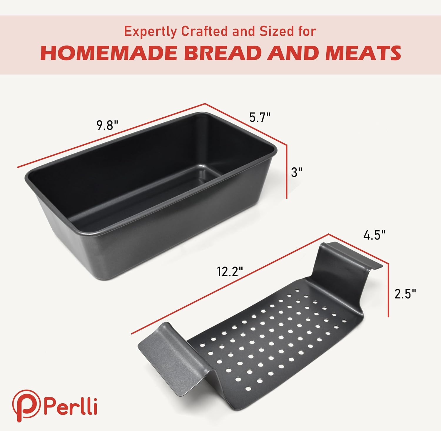 PERLLI Nonstick Meat Loaf Pan with Drip Tray - 9.8 x 5.7 In. High-Carbon Steel, BPA-Free for Baking & Roasting