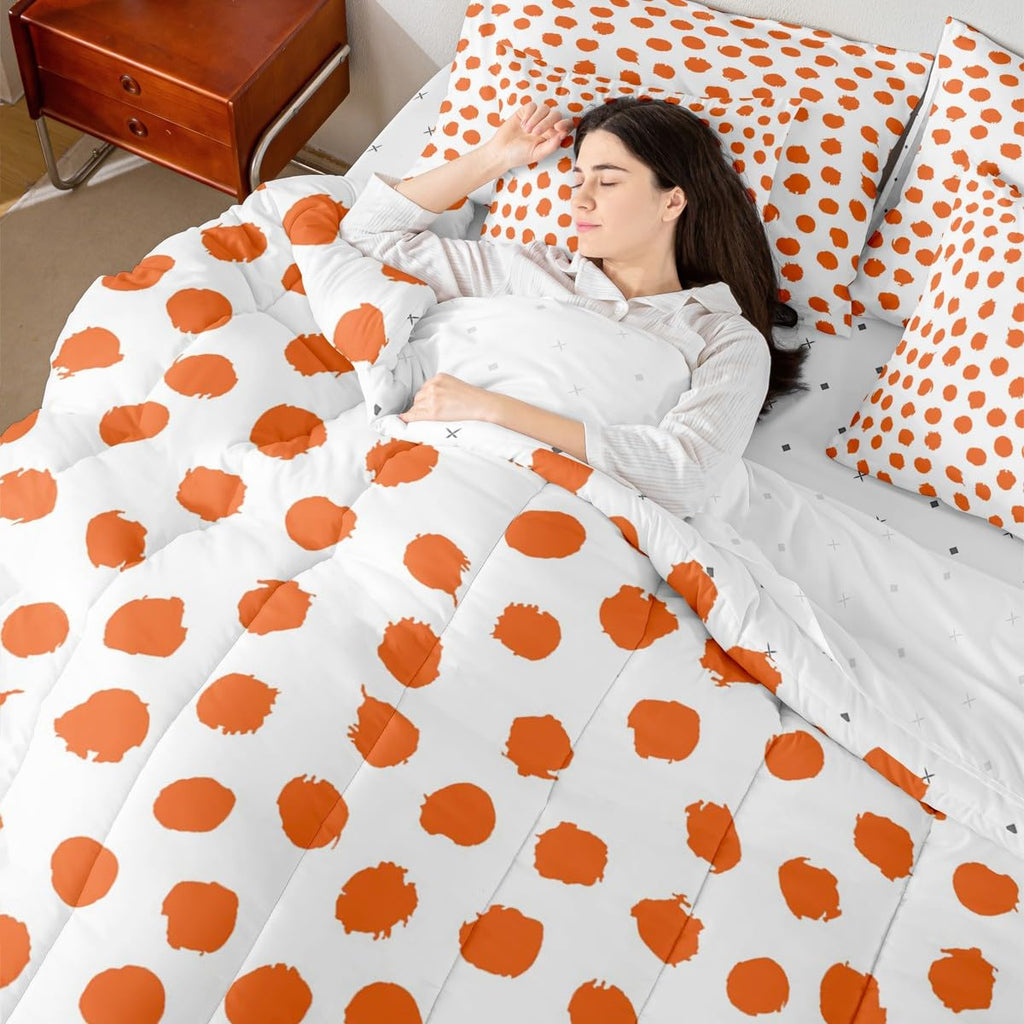 Erosebridal Brush Stroke Sheet Set Queen Size Polka Dots Bed in A Bag 7 Pcs for Kids Girls Boys Farmhouse Orange White Comforter Set Lightweight Bed Set