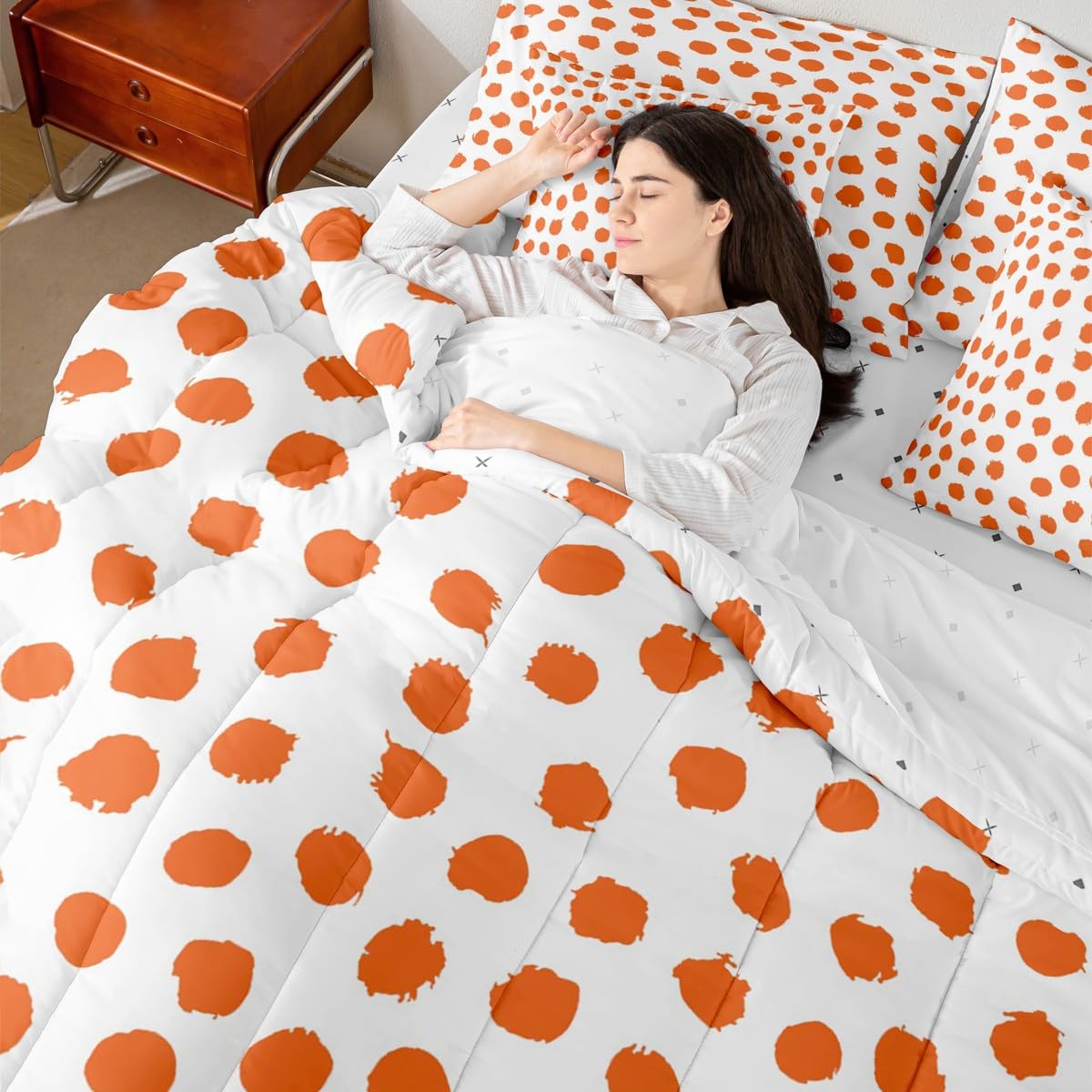 Erosebridal Brush Stroke Sheet Set Queen Size Polka Dots Bed in A Bag 7 Pcs for Kids Girls Boys Farmhouse Orange White Comforter Set Lightweight Bed Set