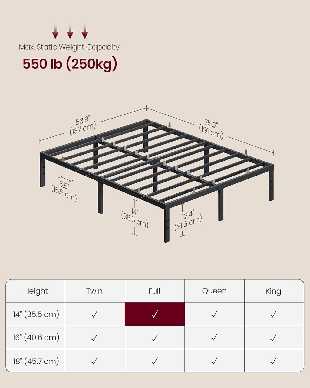 VASAGLE Full Metal Bed Frame - 14-Inch Tall, Heavy-Duty Design with Under-Bed Storage | No Box Spring Needed, Matte Black