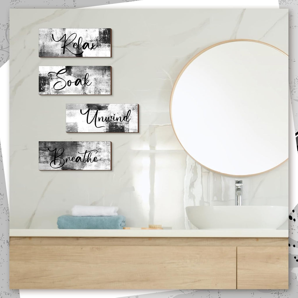 Maitys Bathroom Wall Art - Rustic 4-Piece Set for Soak, Unwind, Relax | 10 x 4 Inch Black & White Decor