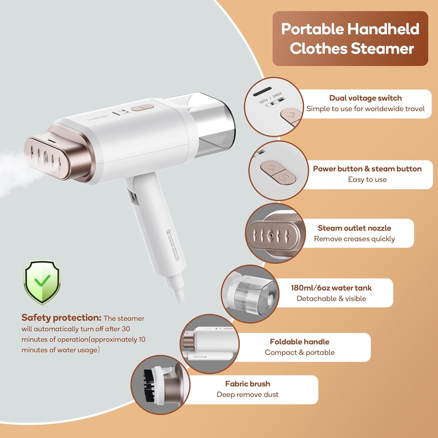 Newbealer Professional Travel Steamer - 1200W Dual Voltage, Fast 20s Heat Up, Foldable & Lightweight (Gold)