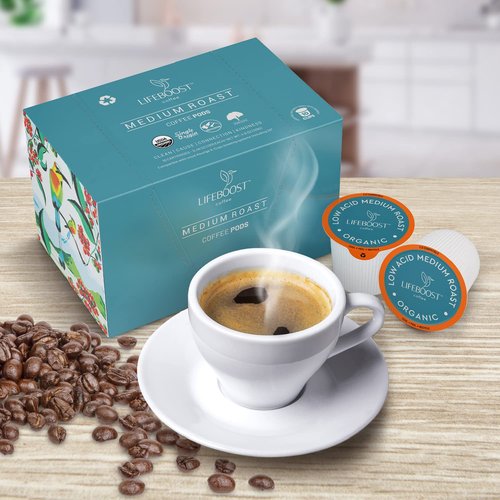 Lifeboost Medium Roast Coffee K-Cups - Low Acid, Mold-Free, Organic Pods | Compatible with Keurig - 10 Count