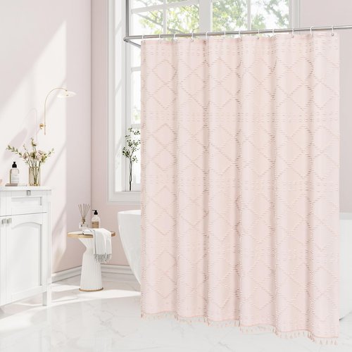 Craidlela Boho Light Pink Woven Fabric Shower Curtain with Tassel 72 x 72 Modern Farmhouse Minimalist, Pink Bohemia Tufted Chevron Striped Chic Textured, Waterproof Cloth Curtain for Bathroom