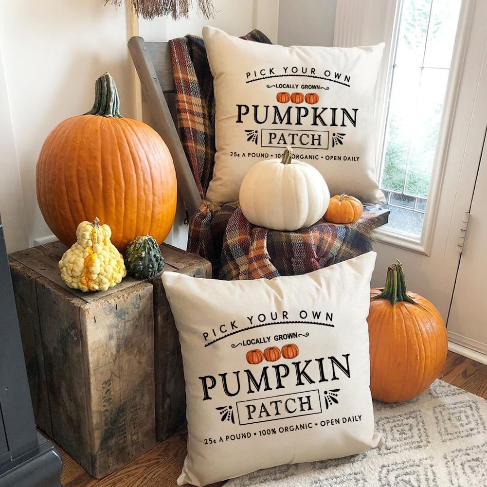 RABUSOFA Fall Pillow Covers - 18x18 Inch Waterproof Cushion Cases | Thanksgiving Pumpkin Patch Design