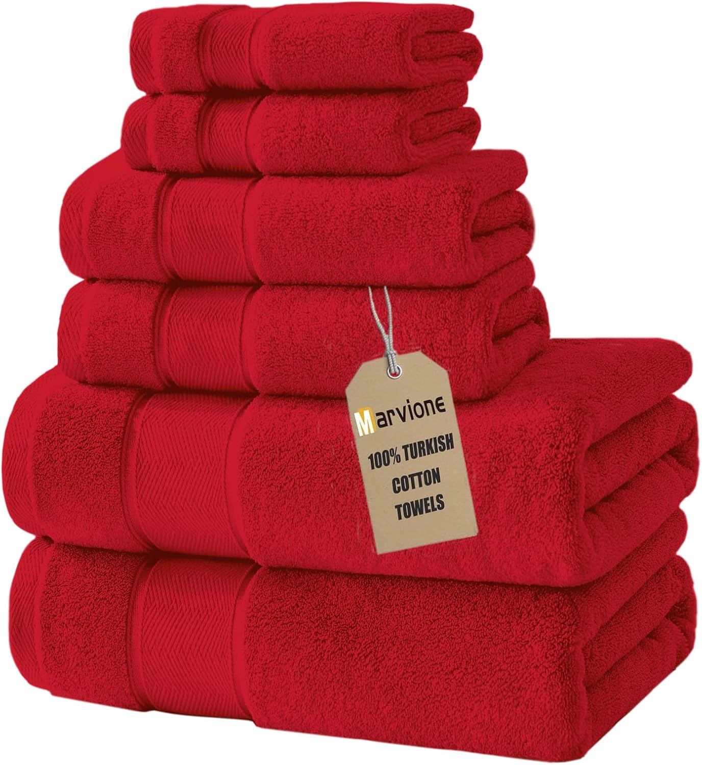 Marvione 6-Piece Bath Towels Set - 100% Turkish Cotton, Highly Absorbent & Soft | Red