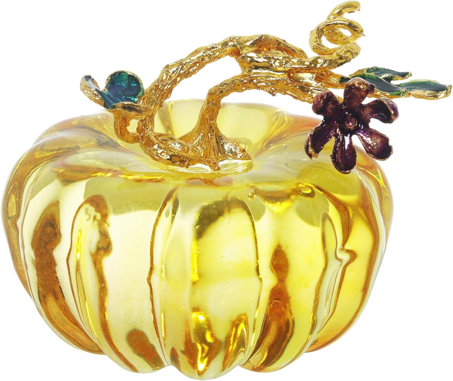 Skiennix Crystal Glass Pumpkin Decoration - Elegant Yellow with Gold Leaf Accent