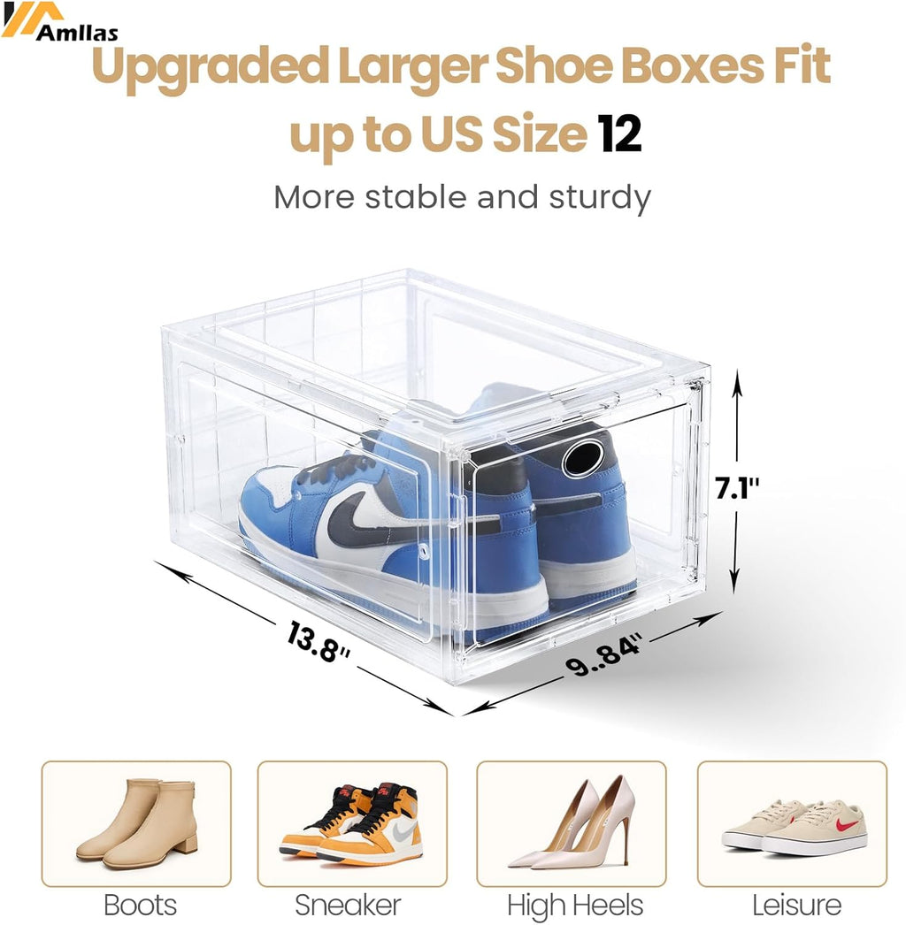 Amllas Clear Shoe Storage Boxes - Stackable & Sturdy Containers for Closet | Fits Up to US Size 12 (13.8”x 9.84”x 7.1”)