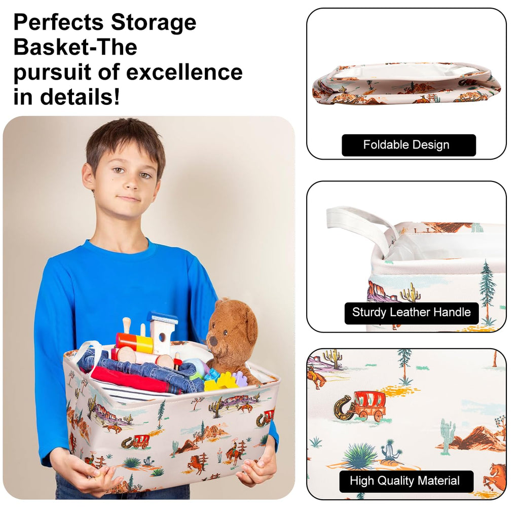 3 Pcs Western Bull Boho Rectangle Storage Basket Collapsible Highland Cow Storage Bin for Nursery Toys Books Waterproof Baskets for Closet Shelves Bedroom Decor(Cow)