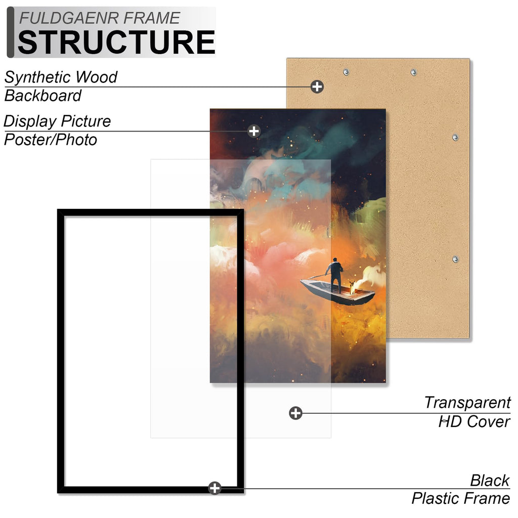 FULDGAENR 11x17 Picture Frame, Black Frames for 11 x 17 Inch Photo Poster Certificate, High Transparency Wall/Tabletop Frame with Horizontal Vertical Display (Black | 11"x17")