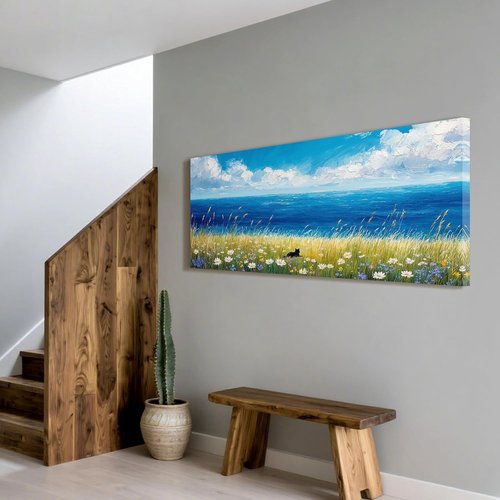 Black Cat Canvas Wall Art - Abstract Beach Floral Prints | Coastal Daisy Flower Artwork 16"x8"