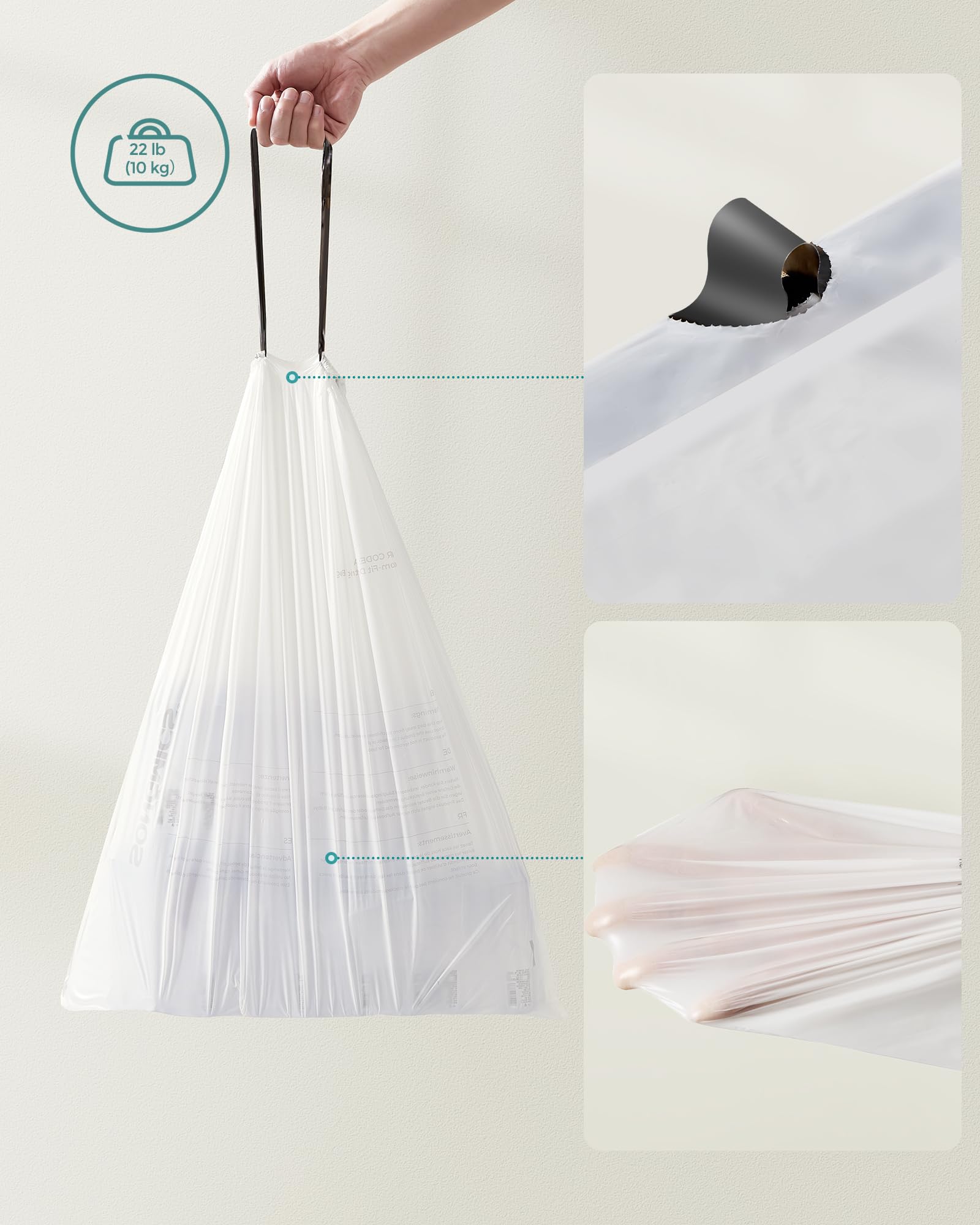 SONGMICS Trash Bags for 12-14.5 Gallon (45-55L) Trash Cans,80 Count Drawstring Kitchen Garbage Bags, Pre-Separated, Liner Code 055A01, 2 Rolls,White UKRB055A02