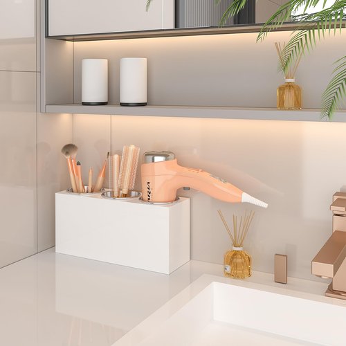 PITBVO Hair Tool Organizer, Wall Mount Hair Dryer Holder with 3 Cups, Vanity Acrylic Hair Styling Tools Organizer for Curling Iron Straightener Styling Tools Bathroom Storage (3 Cups White)