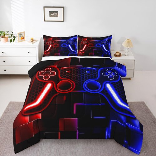 Erosebridal Gamer Comforter Set for Boys Bedding Set 2-Piece Game Console Comforter for Kids Girls Teen 3D Black Gamepad Gaming Bed Sets with Neon Check(Red Blue,Twin)