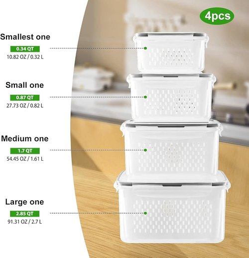 Freshmage Fruit Storage Containers - Airtight Produce Saver with Removable Colander | 4 Pcs Clear, Dishwasher Safe