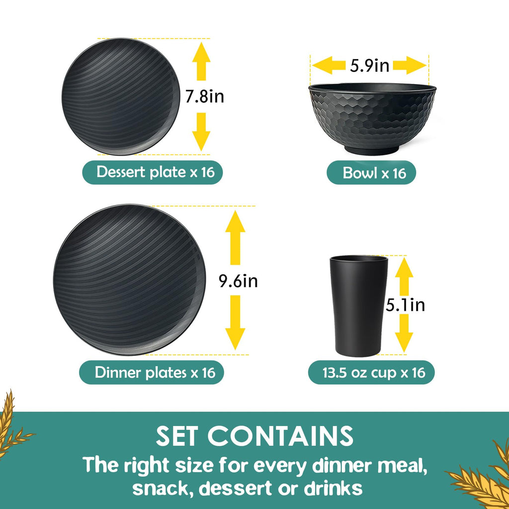 Teivio 64-Piece Kitchen Plastic Wheat Straw Dinnerware Sets for 16, Dinner Plates, Dessert Plate, Cereal Bowls,13.5oz Cups, Unbreakable Outdoor Camping Party Dishes, Apartment Dinning Essentials,Black